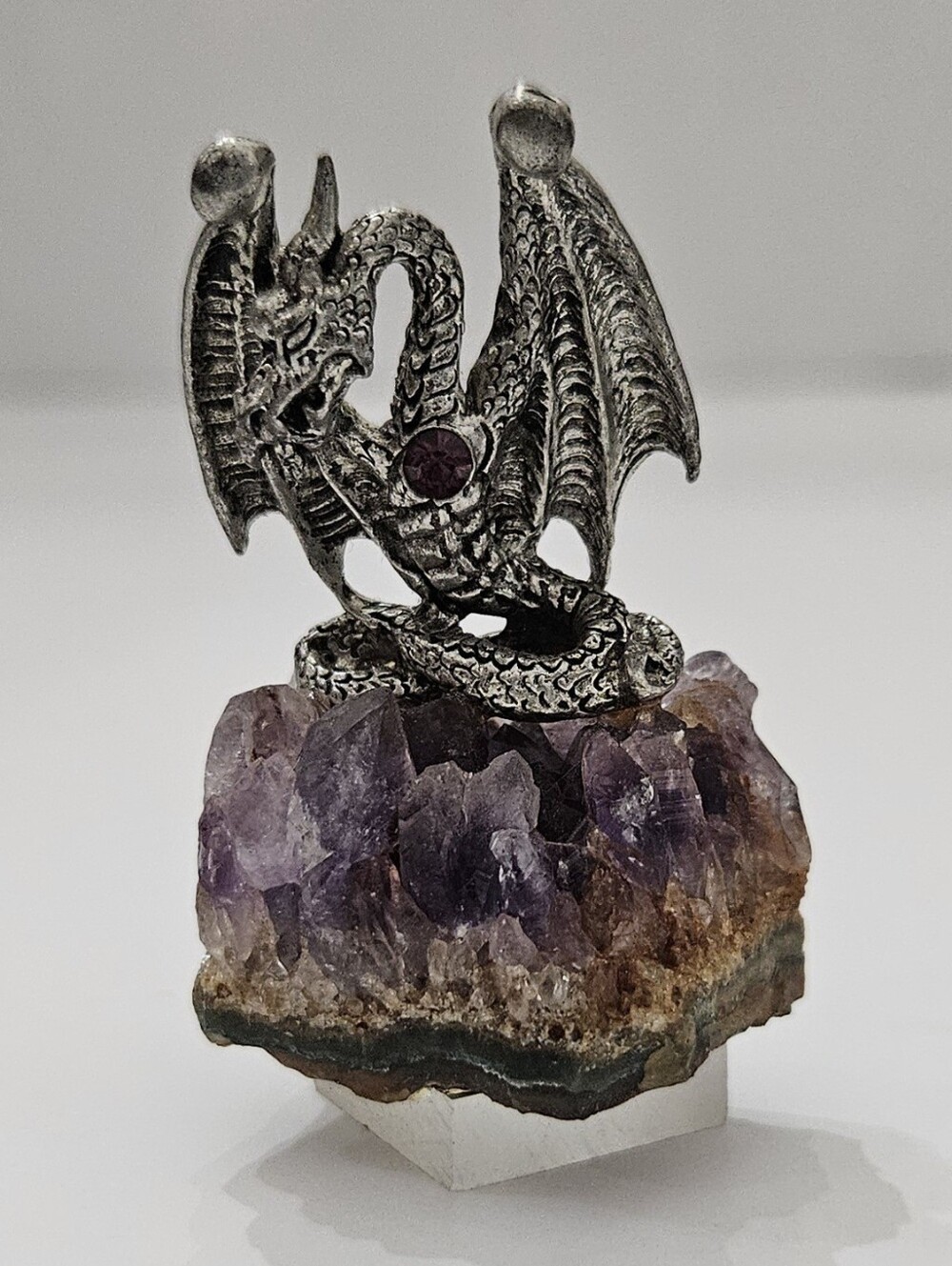 Vintage Myth & Magic Pewter Dragon on Wide Amethyst Crystal Base